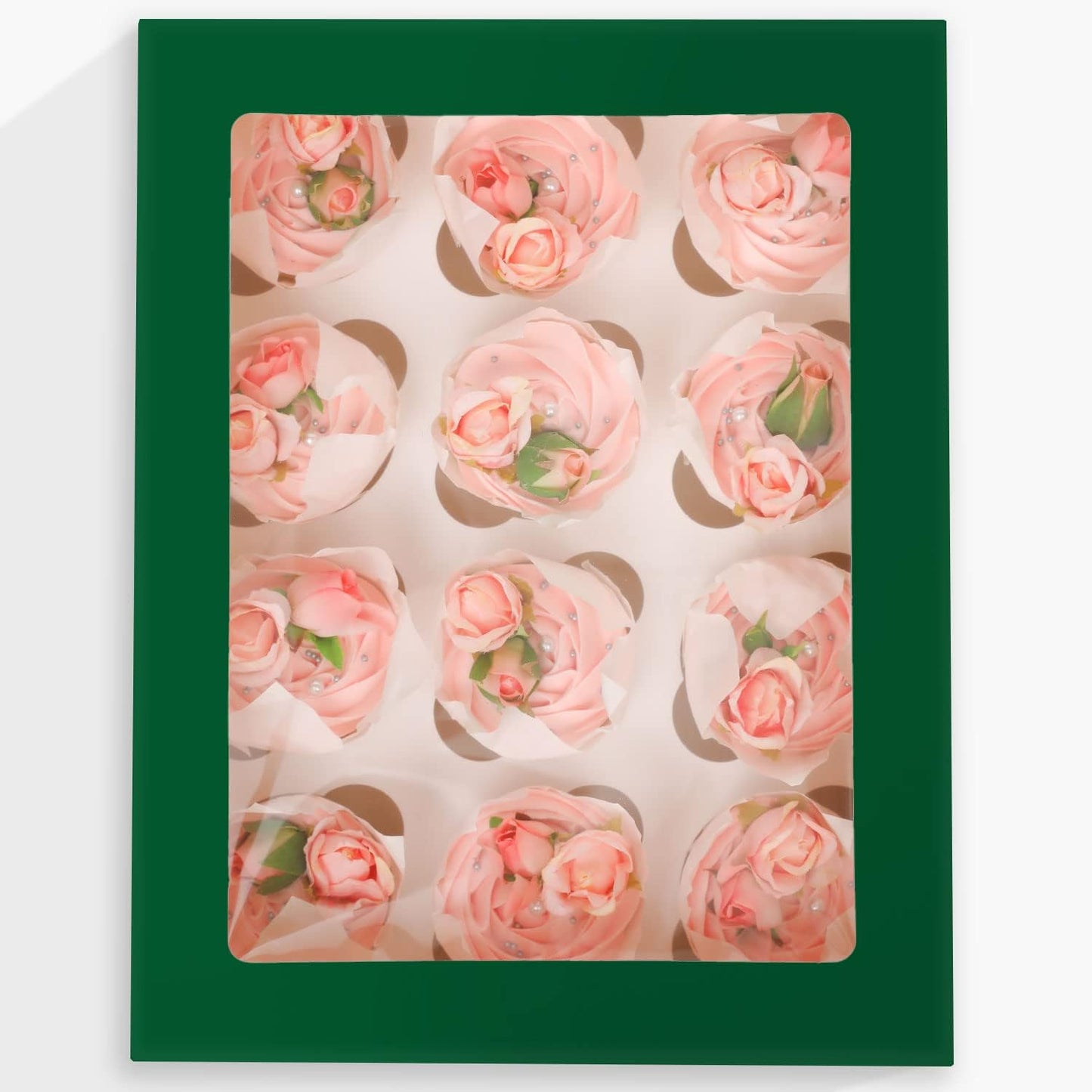 Bakepacker Auto-pop Up Cupcake Boxes with Window White 20PCS 12 Count Cupcake Box 13"x10"x3.5" Cupcakes Carrier, 12 Cupcake Containers with rolls of pink ribbons
