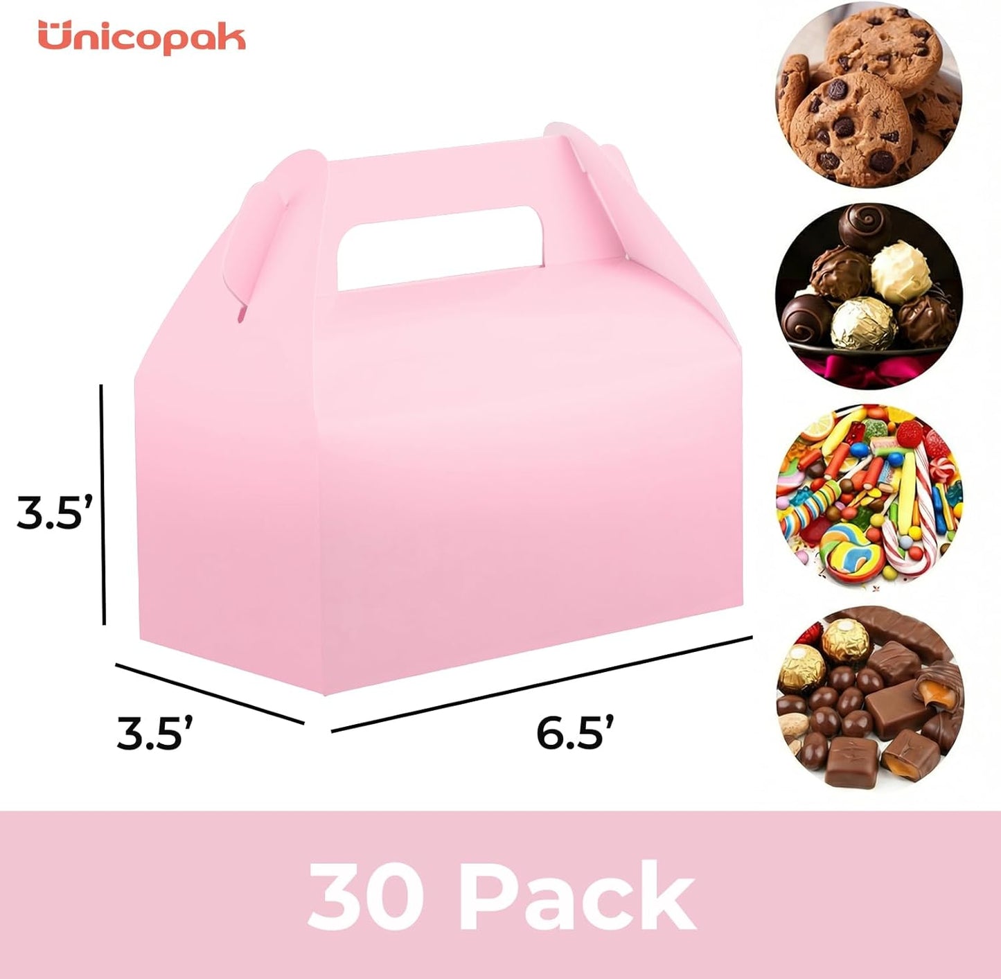 UnicoPak 30 Pack Party Favor Boxes Treat Boxes, White Gable Gift Boxes for Party Favors Goodies Cookies Treats Candies Meals Lunch, 6.5x3.5x3.5 Inches