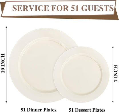I00000 102 Pieces Gold Plastic Plates, Disposable Party Plates White Gold Rim, 51 Disposable Gold Dinner Plates 10.25 Inch and 51 Disposable Dessert Appetizer Elegant Fancy Wedding Plates 7.5 Inch