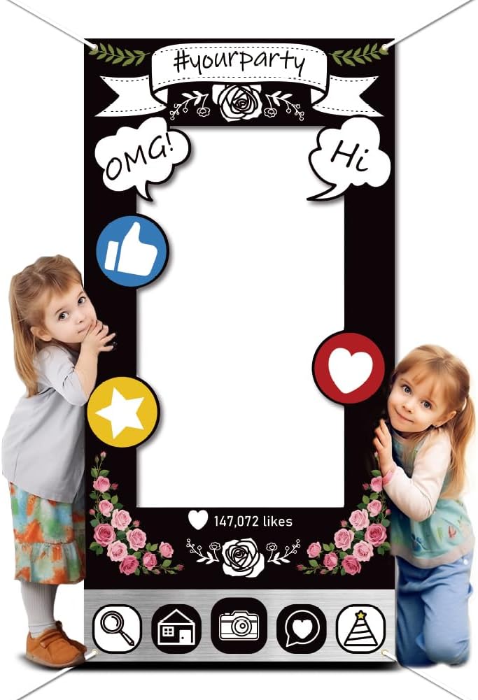 WADORN Social Media Photo Frame Props for Party Decor, 5.9x2.9ft Booth Selfie Frame with Emoji Speech Bubble Photo Door Backdrop Props Decor Large Fabric Photography Background Party Supplies