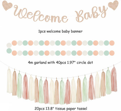 Champagne-Gold Beige Fall Baby-Shower Party-Decorations - 36pcs Welcome Home Banner Sign,Neutral Paper Lanterns,Girl Streamers Garland,Boho Hanging Tissue Pom Poms Flowers Fans Backdrop Decor Burgleda