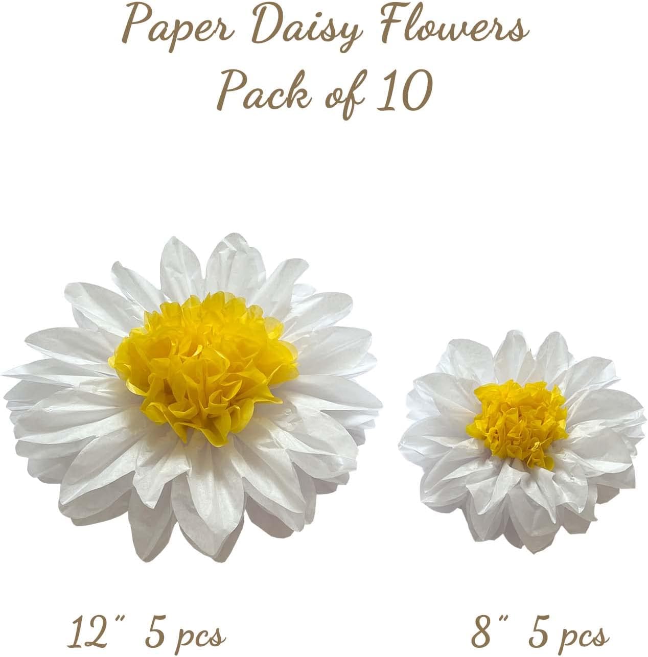 ANSOMO Daisy Tissue Paper Pom Poms Party Decorations White Yellow Flowers Wall Hanging 1st Birthday Bridal Baby Shower Wedding Classroom Décor 12" 8" Pack of 10