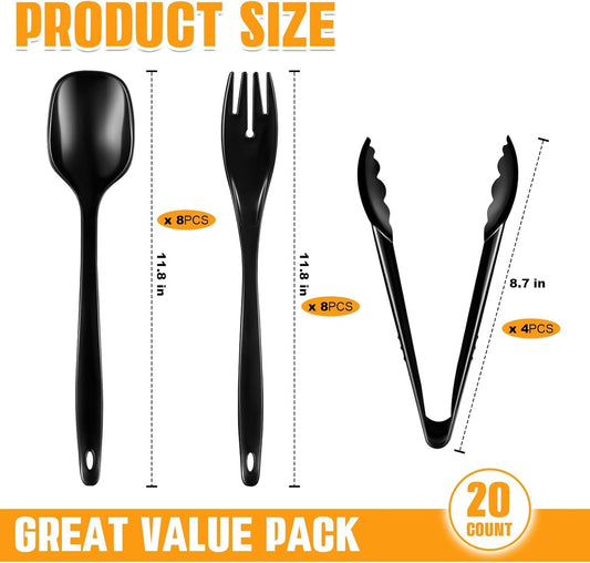 30PCS Disposable Plastic Serving Utensils for Parties, Buffet Serving Utensils Set-10 Black Plastic Serving Spoons, 10 Tongs and 10 Forks for Catering, Entertaining and Parties