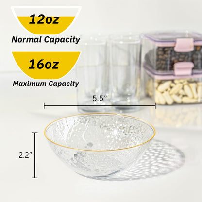I00000 30 Pack 12 Ounce Pink Plastic Bowls Hammered Clear Bowl with Gold Rimmed, Heavy Duty Disposable Bowl Set,Elegant Salad/Dessert/Ice Cream Small Bowls for Party Weddings