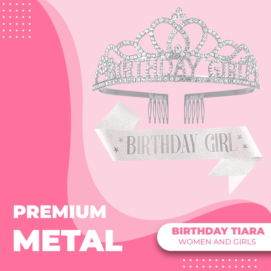Birthday Tiara Crown with Sash for Women, Headband Hair Accessories for Wedding Party Costume