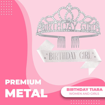 Birthday Tiara Crown with Sash for Women, Headband Hair Accessories for Wedding Party Costume