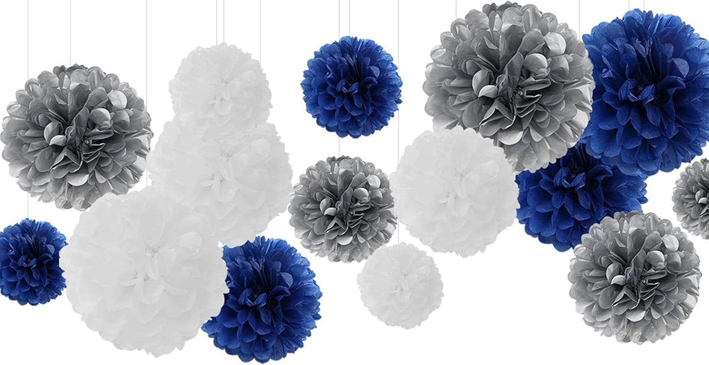 Navy-Blue White Silver Tissue Pom-Poms - 15pcs 5 Size Party Decorations Paper Flowers,Graduation Wedding Baby Bridal Shower Room Hanging Decorations Boy Birthday Party Backdrop Decor Panduola