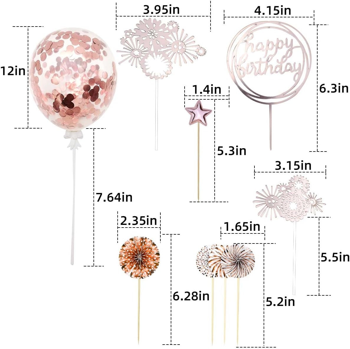 Cake Topper Decoration Set Acrylic Glitter Happy Birthday Cake Topper with Confetti Balloon Paper Fans Stars Firework Cupcake Toppers for Gold Theme Decor Girl Women Birthday Party Supplies (Gold)