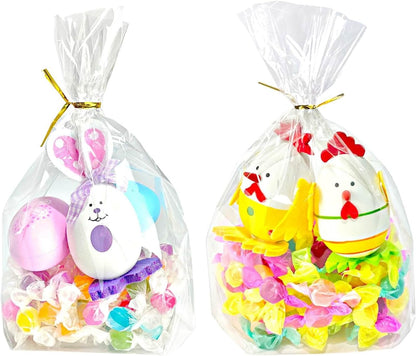 PigPotParty Cellophane Treat Bags 6x9 Inch, 50 Pack Clear Goodie Bags with Bottom Gusset for Stand-Up Display, Small Plastic Gift Wrap for Cookies, Candy, Party Favors, Popcorn, Includes 50 Gold Ties