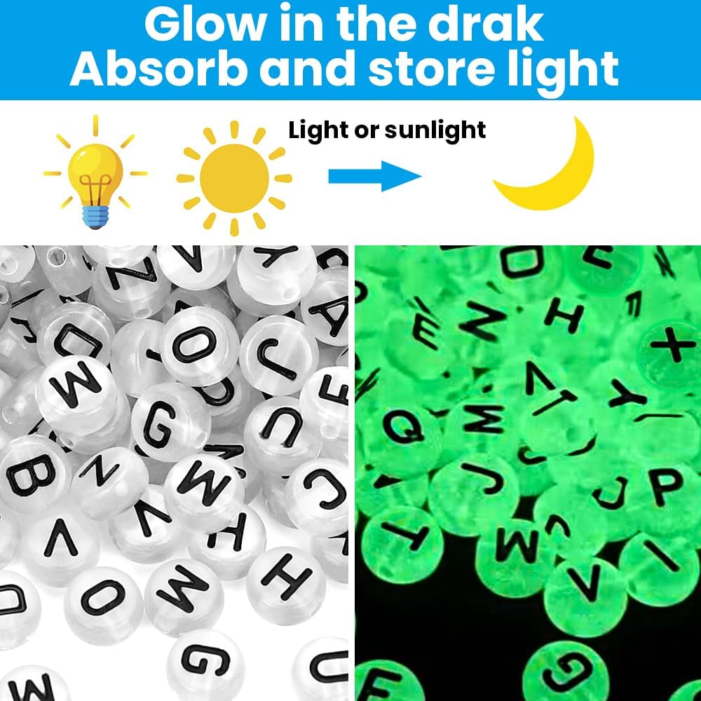 DIYDEC 1400pcs Glow Letter Beads 4x7mm Acrylic Glow in The Dark 28 Grids Round Letter Beads UV Luminous Alphabet Bead with Heart Bead for Bracelets Making DIY Crafts for Girls Adults