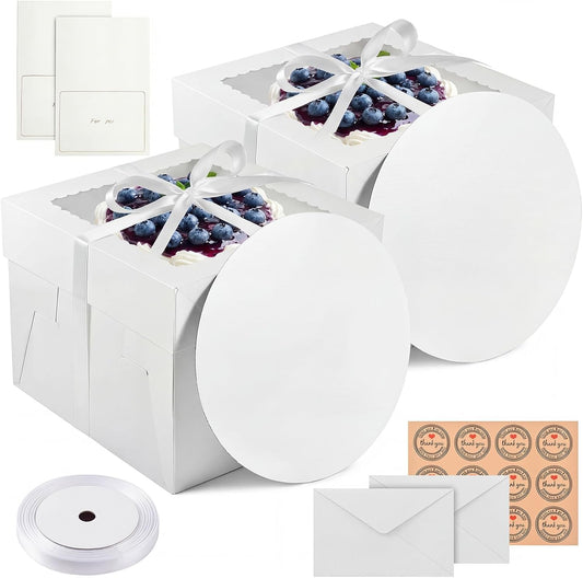 2 Pack 12 x 12 x 8 in Cake Boxes with Window & Cake Boards — Disposable Cake Carrier Boxes with Lid, Includes Stickers, Envelopes, Greeting Cards & Ribbon — Bakery Boxes for Cakes & Cupcakes