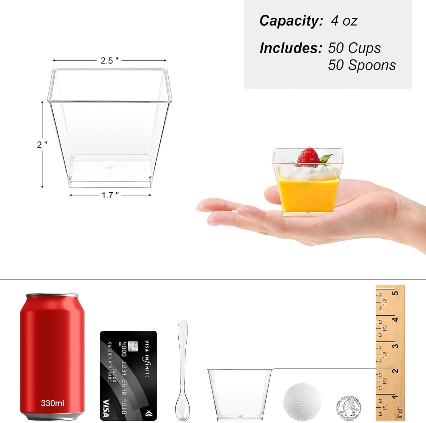 Zezzxu 3 oz Square Mini Dessert Cups with Spoons - 50 Pack Plastic Pudding & Parfait Cups Party Dessert Shooters for Serving Trifle Mousse Cake Appetizers