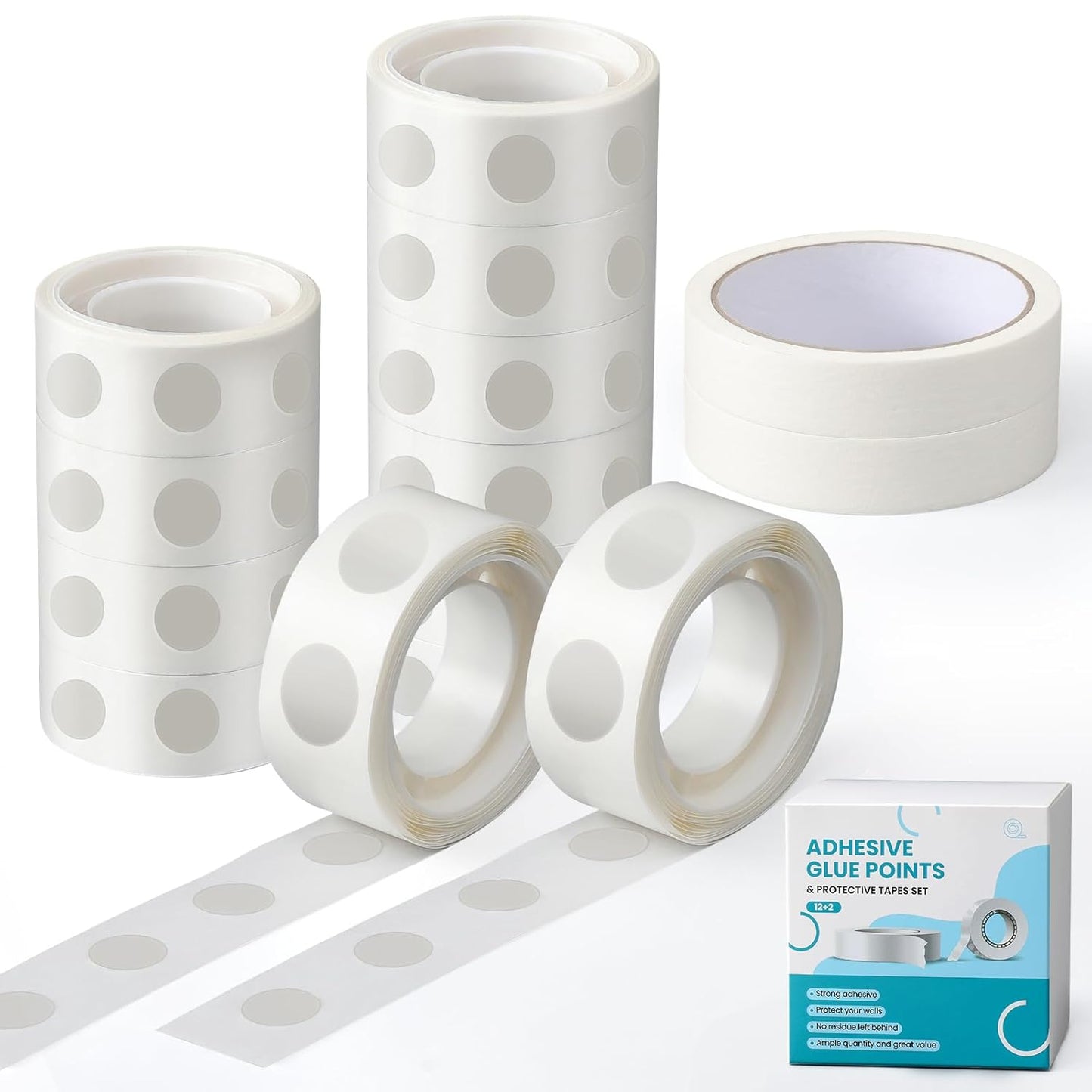 Wall-Safe Balloon Glue Dots Set, 1200 Pcs 12mm Removable Glue Points with 131ft Masking Tape, No Residue Decoration Kit for Birthday Party, Wedding, Photos & DIY Crafts, for Party Planners & Families