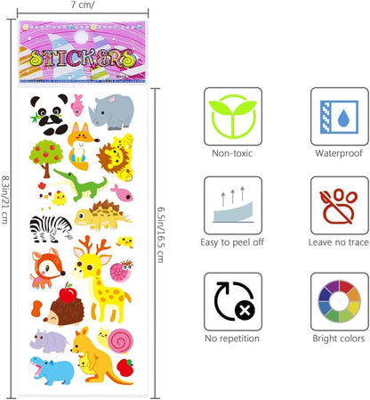 24 Sheets 3D Puffy Stickers for Kids Toddlers Bulk, Small Children Party Bag Sticker Variety Pack for Preschool Teacher, Boy Girl Rewards Crafts Scrapbooking Gifts (Dinosaur Animal Car Flower Heart)