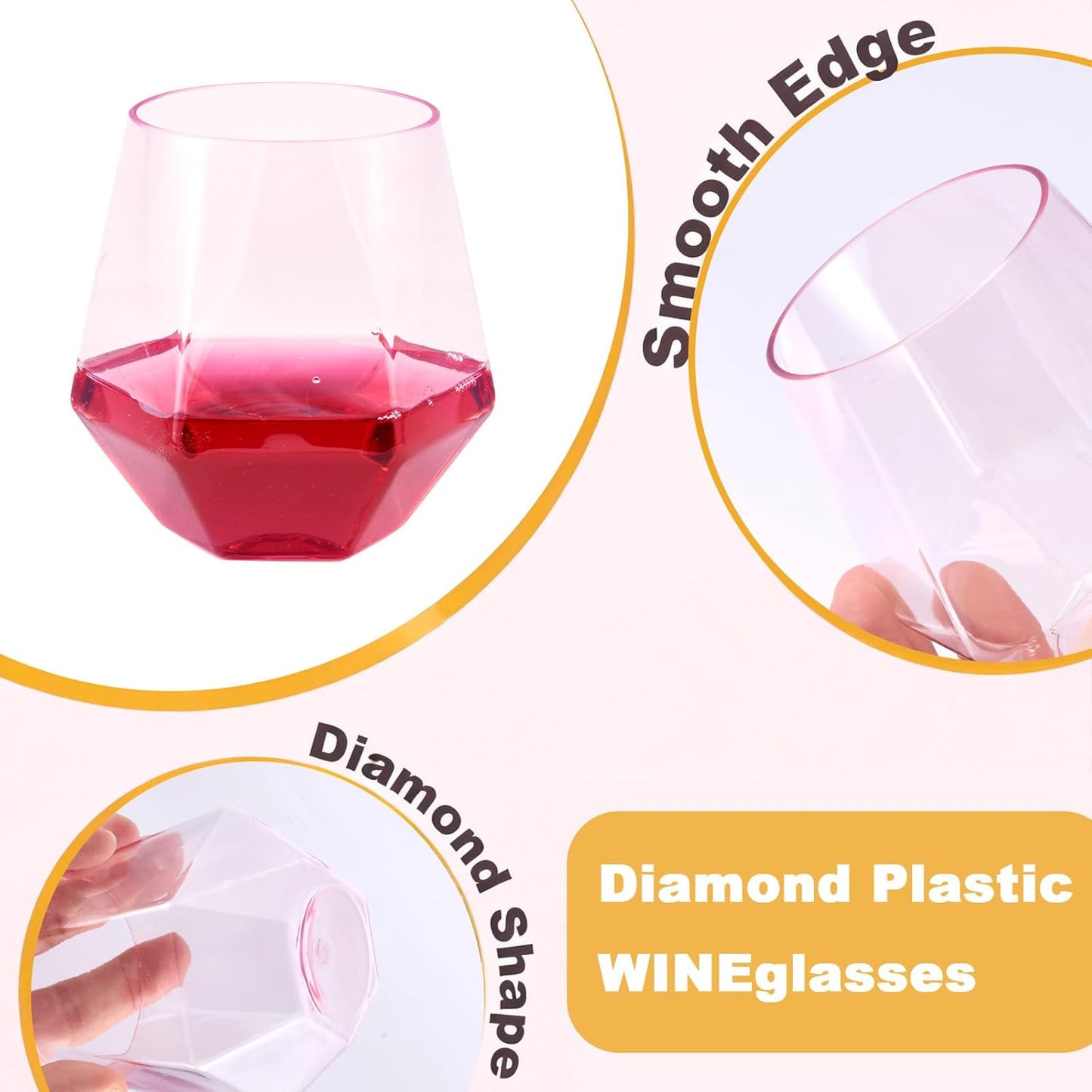 Goodluck 40 PCS Diamond Stemless Plastic Wine Whiskey Glasses, 12 Oz Disposable Cocktail Glasses, Suitable for Weddings, Birthday Parties, Family Gatherings, Bars, etc （Gold rimmed cups）