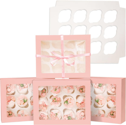 Bakepacker Auto-pop up 12 Cupcake Containers 6-Packs Brown Cupcakes Carrier, 12 Cupcake Boxes with Window 13"x10"x3.5"