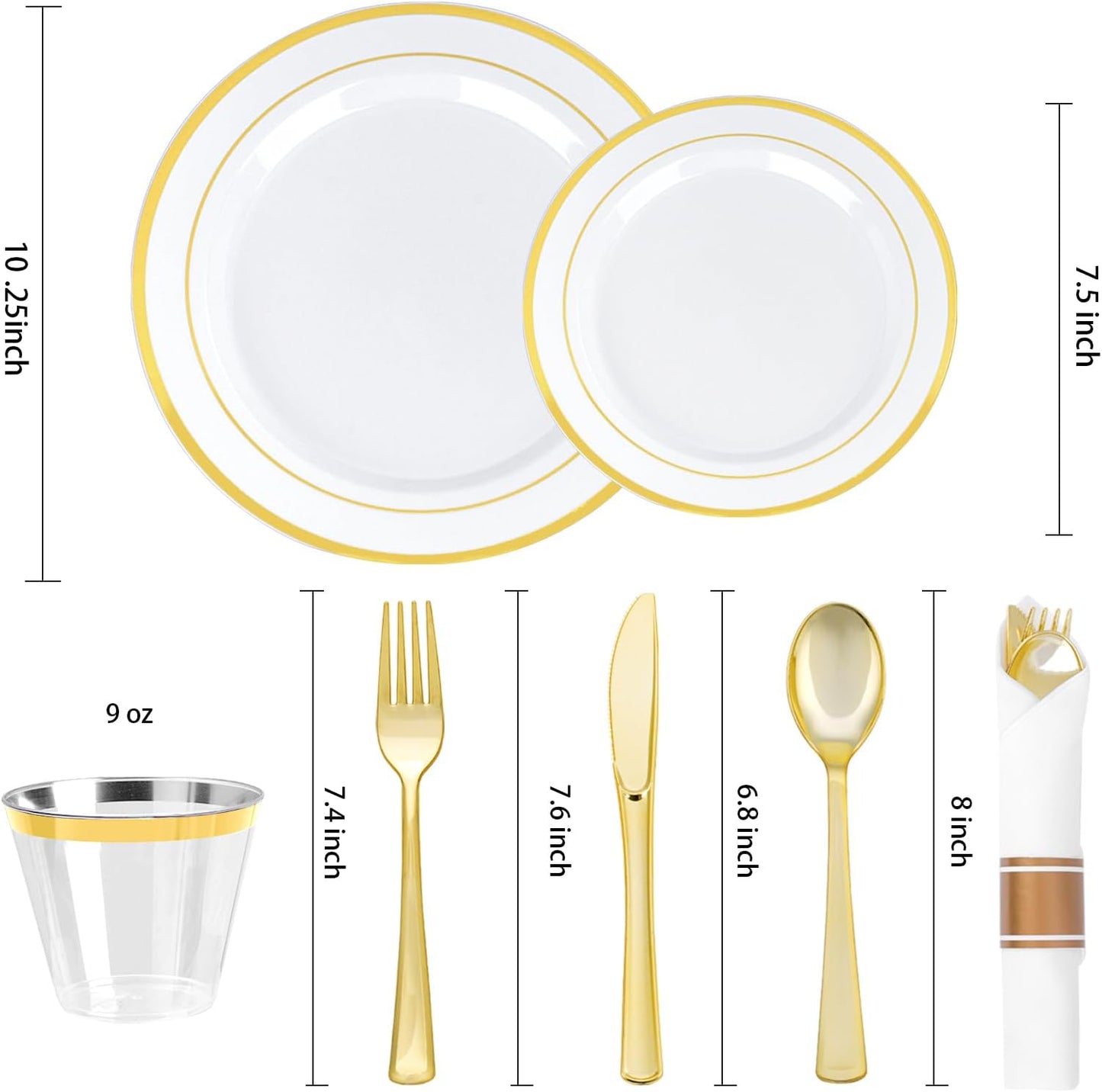 BESTVIP 350PCS Gold Plastic Dinnerware Set, Disposable Party Plates for 50 Guests, Include: 100 Plastic Plates, 50 Pre Rolled Napkins with Gold Silverware, 50 Cups