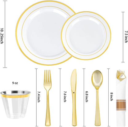 BESTVIP 350PCS Gold Plastic Dinnerware Set, Disposable Party Plates for 50 Guests, Include: 100 Plastic Plates, 50 Pre Rolled Napkins with Gold Silverware, 50 Cups