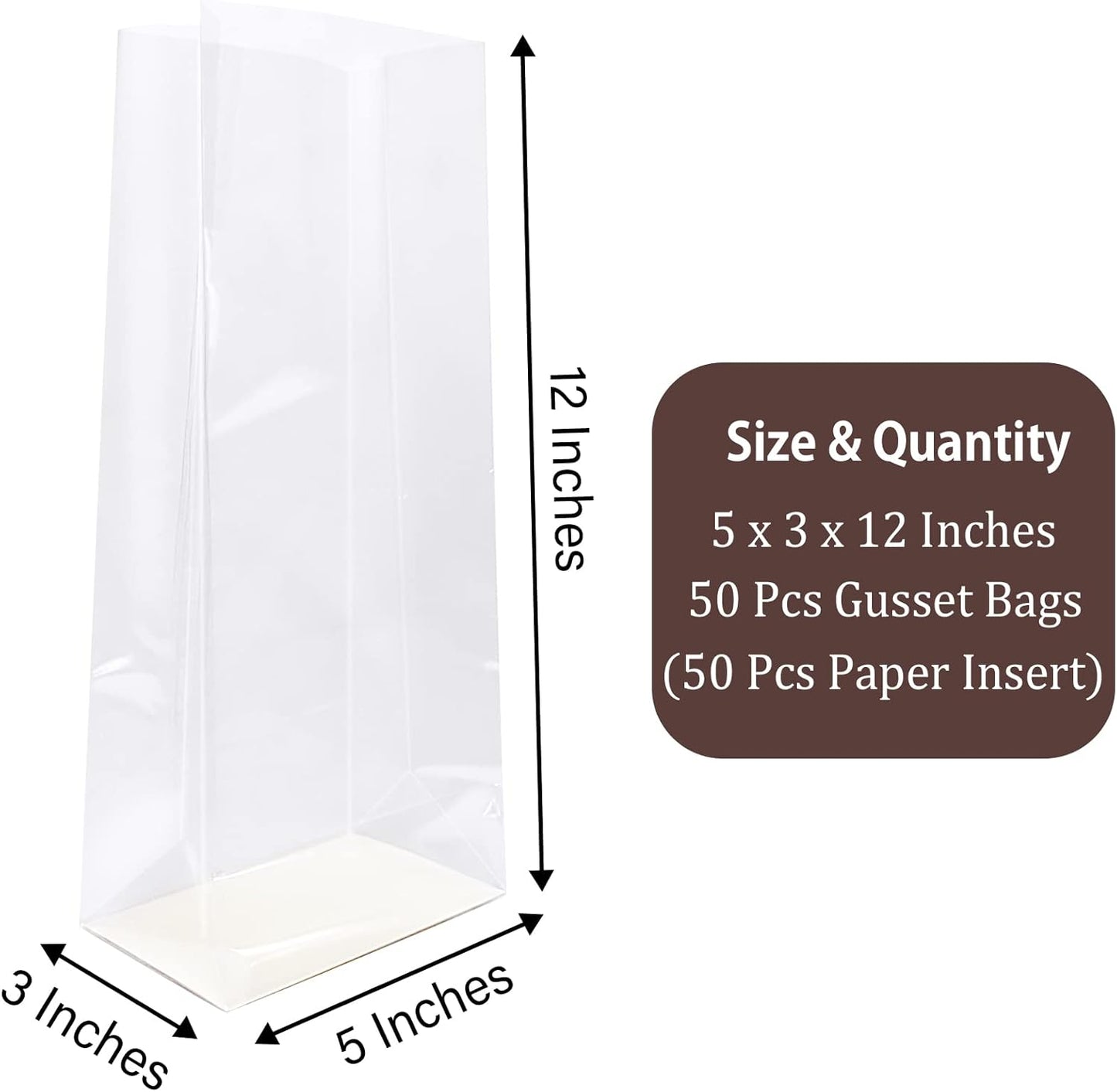 Gusseted Flat Bottom Cellophane Bags with Paper Insert 50Pcs 4x2x8 Inches Smore Bags