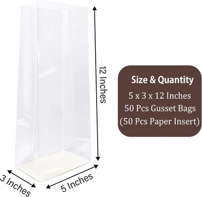 Gusseted Flat Bottom Cellophane Bags with Paper Insert 50Pcs 4x2x8 Inches Smore Bags