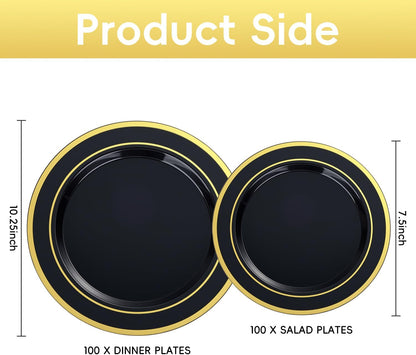 BESTVIP 200PCS Gold Plastic Plate, Disposable Party Plates with 100 Dinner Plates and 100 Dessert Plates, Plastic Plates for Party, Wedding and Birthday