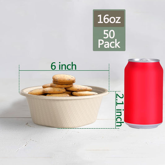 Homestockplus Large Disposable Bowl - Heavy Duty Paper Bowls - Made from Sugarcane and Bamboo Fiber, Microwave Safe - 48 Oz Paper Bowls for Soup, Salad, Ramen, Popcorn, etc.[50/Pack]