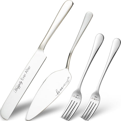 Wedding Cake Knife and Server Set with Forks, Engraved Cake Cutting Set for Wedding Anniversary Christmas Engagement（Gold