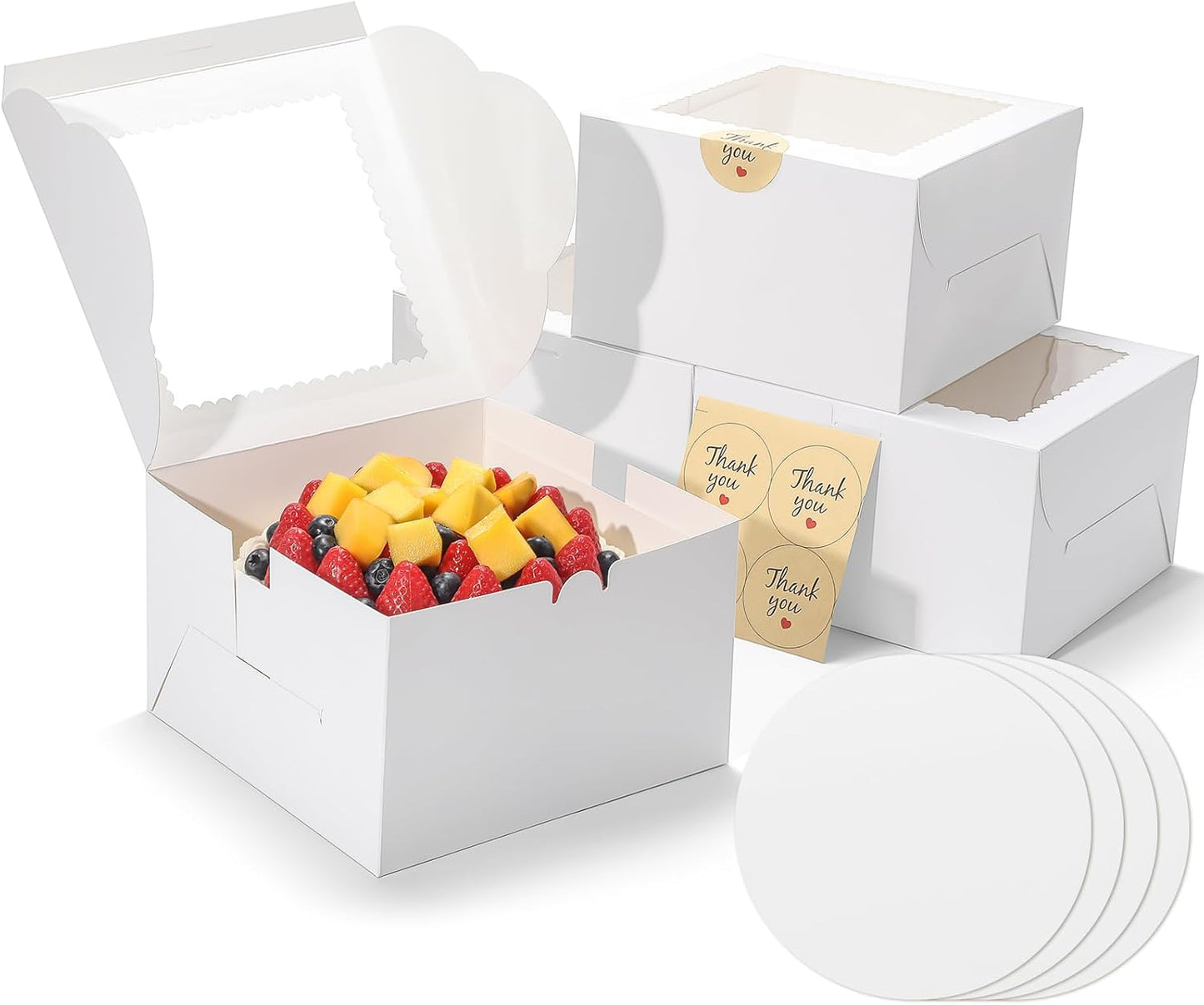 4pcs 6 Inch Cake Boxes with Sticks and Boards for Cookies, Small Cakes, Mini Desserts, Bento, and Bakery, Cupcake Box for Birthday, Party, Wedding, Mother's Day, Christmas（6x6x5 inch）