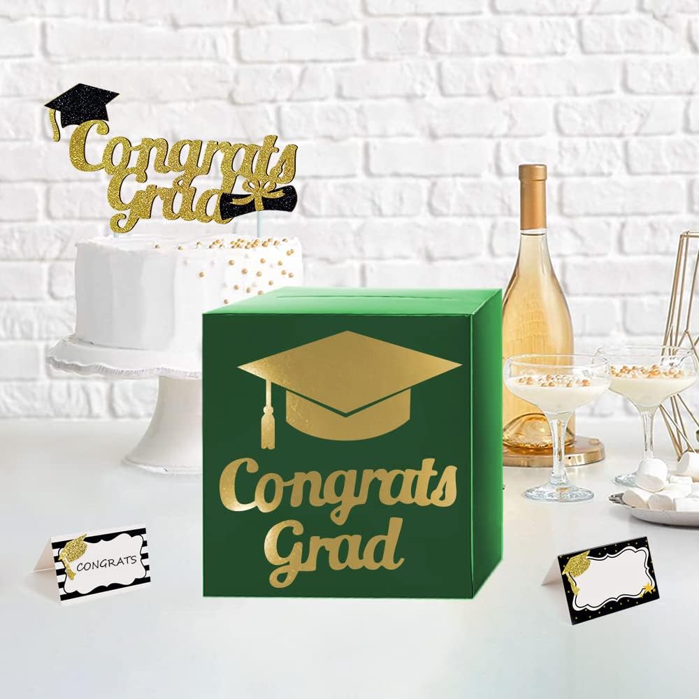 Graduation Card Box Holder, Congrats Grad Foldable Cardboard Decorations Box for Graduation Party Decoration and Grad Parties (Black)