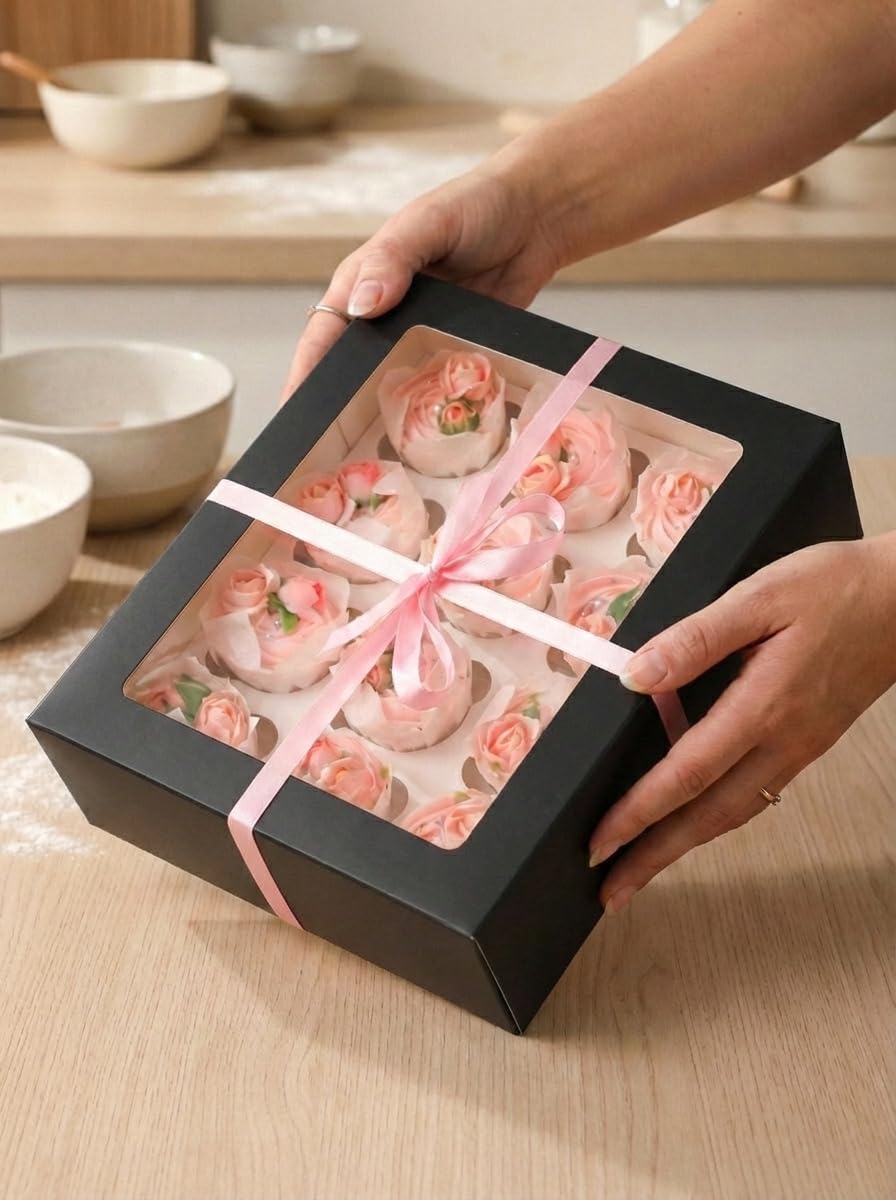 Bakepacker Auto-pop up 12 Cupcake Containers 6-Packs Brown Cupcakes Carrier, 12 Cupcake Boxes with Window 13"x10"x3.5"