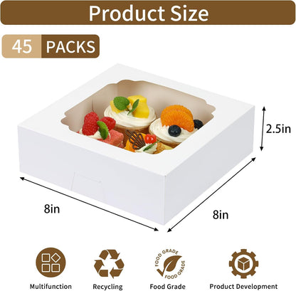 Moretoes 30pcs Bakery Boxes, 8x8x2.5 Cookie Boxes with Window, White Treat Containers for Donuts, Chocolate Strawberries, Pie, Birthday Party, Mother's Day, Weddings
