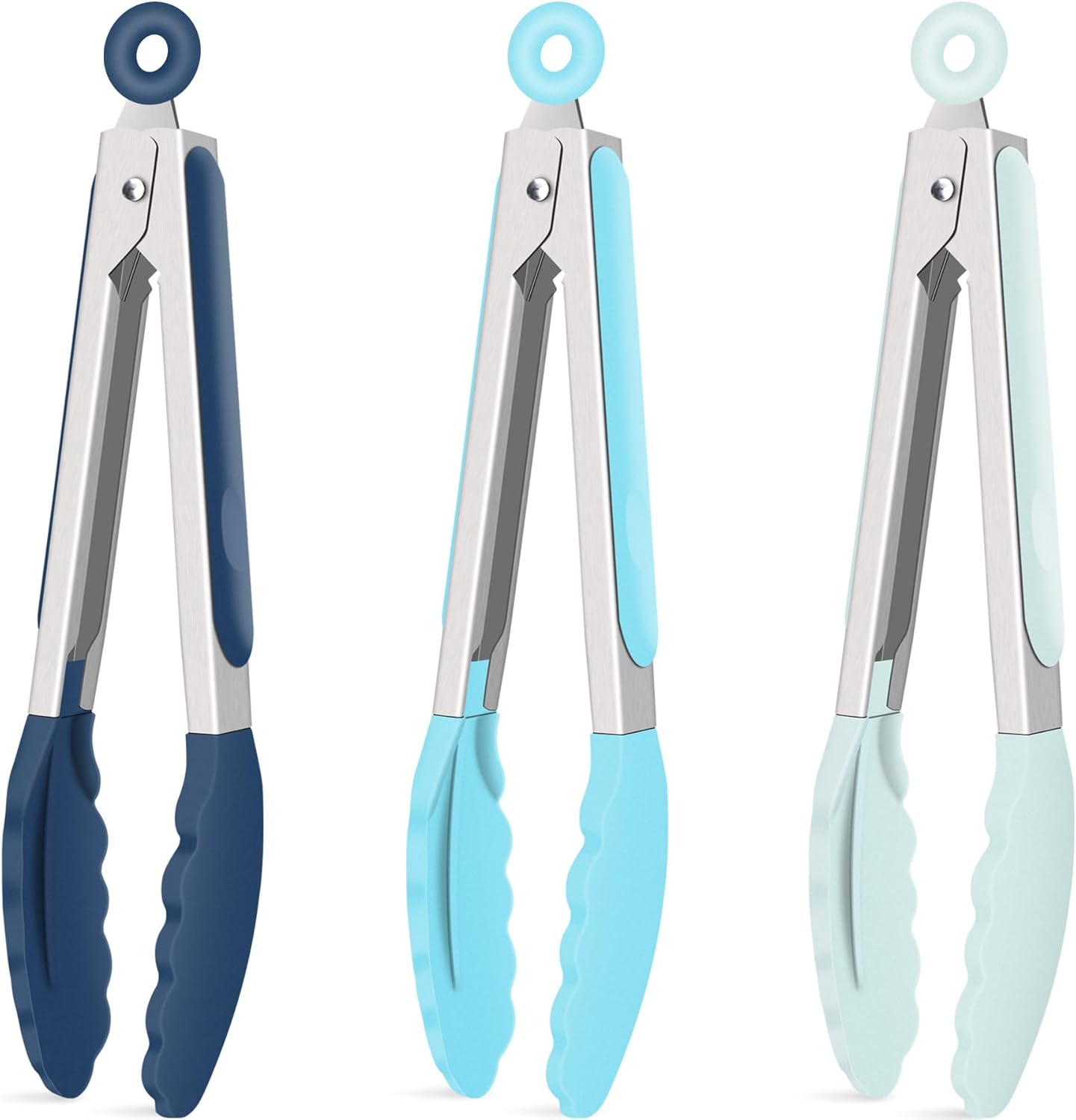 Hotec Mini Silicone Kitchen Tongs for Cooking - 7-Inch Small Serving Tongs with Silicone Tips, Set of 3 (Blue)