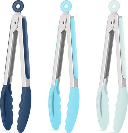 Hotec Mini Silicone Kitchen Tongs for Cooking - 7-Inch Small Serving Tongs with Silicone Tips, Set of 3 (Blue)