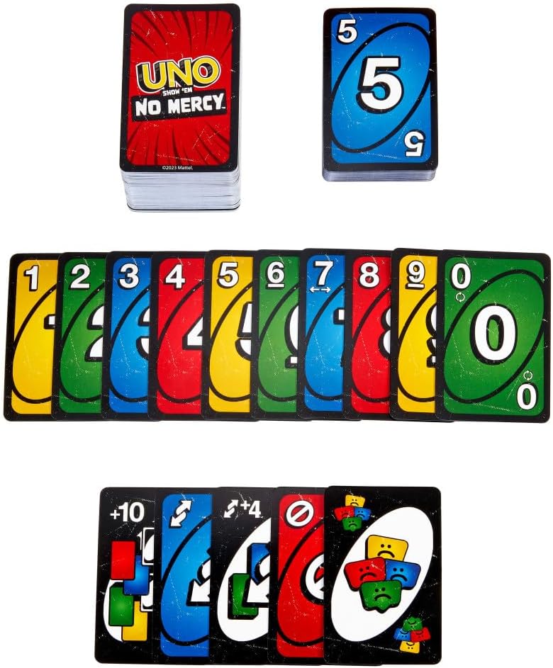 Mattel Games UNO Show ‘em No Mercy Card Game for Kids, Adults & Family Parties & Travel with Extra Cards, Special Rules & Tougher Penalties