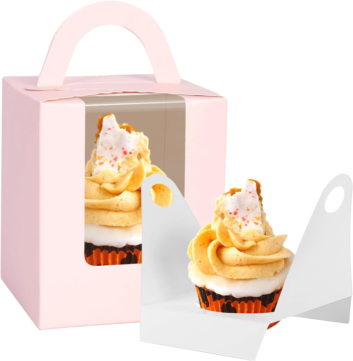 JCD Cupcake Boxes Carriers, 120pcs Pink Single Individual Cupcakes Box Holders Containers,3.7 * 3.7 * 4.3inch Cupcake Container Pastry with Insert and window(Pink, 120pcs)