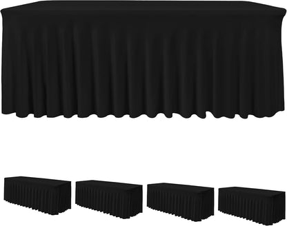 HolidayIdeas 2 Pack Spandex Table Skirt for 6 Ft Rectangle Tables, Black Fitted Stretch Tablecloth 30 x 72 Inch, Wrinkle Resistant Ruffle Design for Wedding Banquets, Trade Shows, Parties