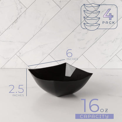 PLASTICPRO Disposable 64 ounce Square Serving Bowls, Party Snack or Salad Bowl, Large Plastic Elegant White Pack of 4