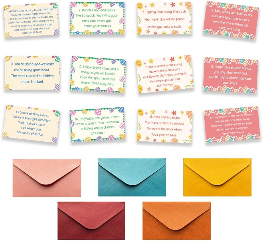 Easter Treasure Hunt Clues - Easter Party Scavenger Hunt Clues - Outdoor Indoor Easter Eggs Riddles - Easter Party Games for Adults - Spring Party Activities & Decorations (16 Pack)-01