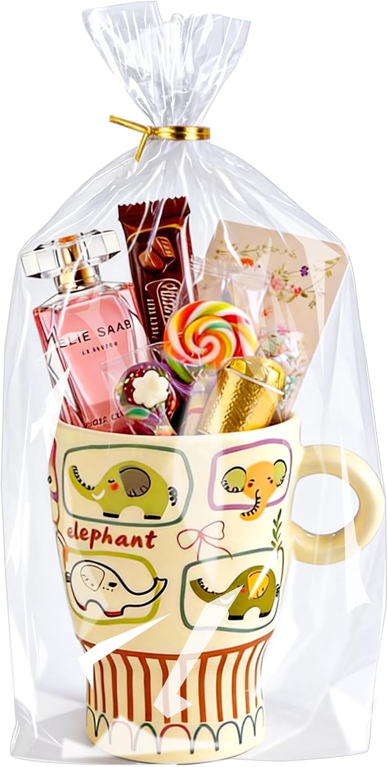 PigPotParty Cellophane Treat Bags 6x9 Inch, 50 Pack Clear Goodie Bags with Bottom Gusset for Stand-Up Display, Small Plastic Gift Wrap for Cookies, Candy, Party Favors, Popcorn, Includes 50 Gold Ties