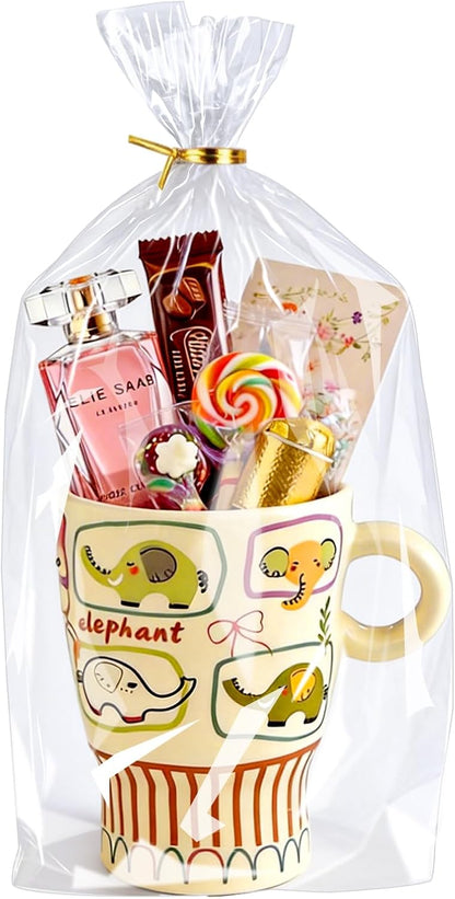 PigPotParty Cellophane Treat Bags 6x9 Inch, 50 Pack Clear Goodie Bags with Bottom Gusset for Stand-Up Display, Small Plastic Gift Wrap for Cookies, Candy, Party Favors, Popcorn, Includes 50 Gold Ties