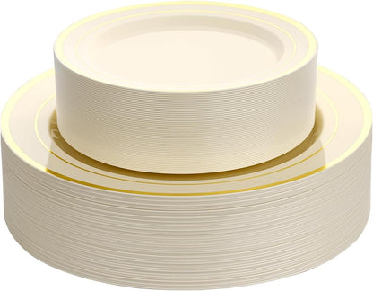 Goodluck 200PCS Gold Plastic Plates, Heavy Duty Disposable Gold Plates with 100 10.25 inch Dinner Plates and 100 7.5 inch Dessert Plates for Party, Holiday, Wedding, Thanksgiving