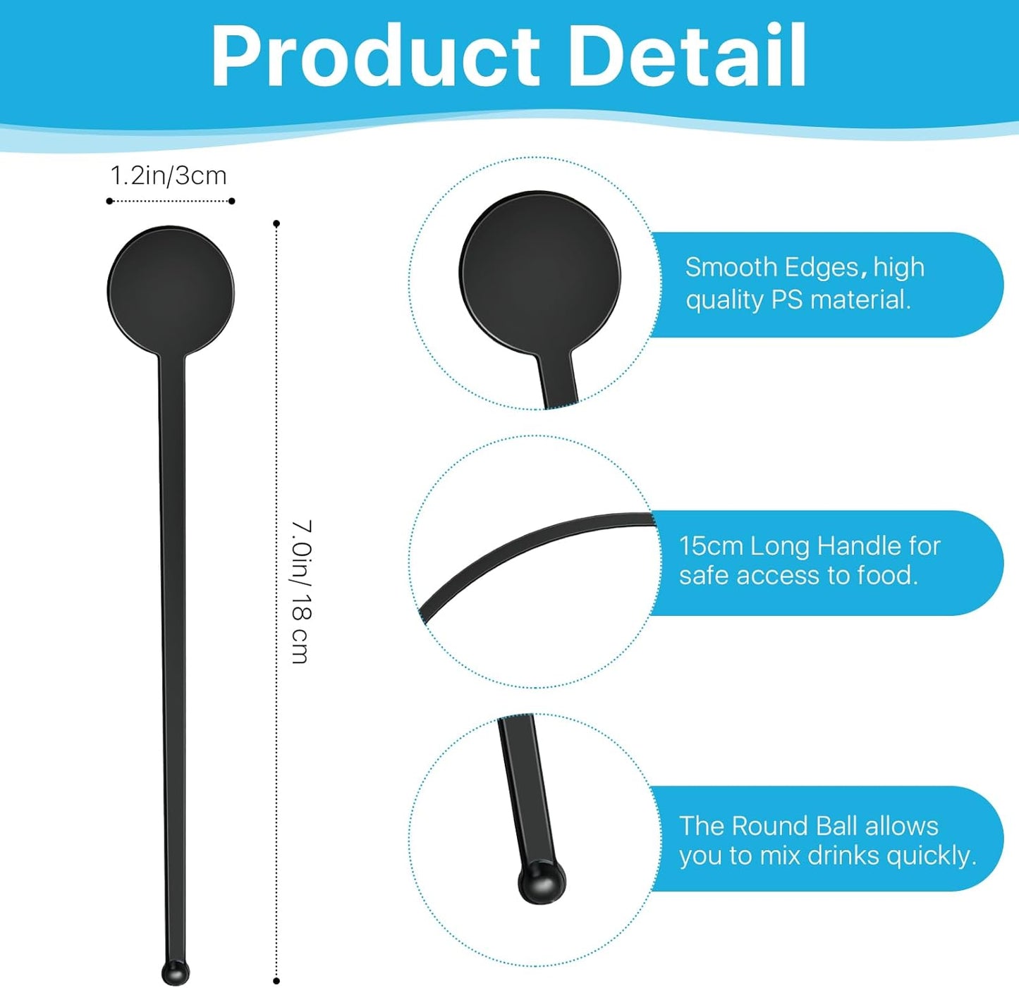 200 Pcs Cocktail Swizzle Sticks, 7.3inch Clear Coffee Stirrers Disposible Plastic Swizzle Sticks for Drink Black Disc Top Drinks Mixing Rod for Coffee Whiskey Beverage
