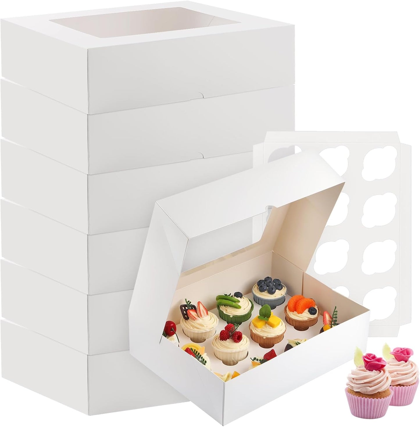 Svalor Cupcake Boxes, 6 Pack Disposable Cupcake Containers, Food Grade Cupcake Carrier 12 Count with Window and Inserts, Cupcake Transport Holders Bulk for Muffins Cookies Treats Dessert（White）