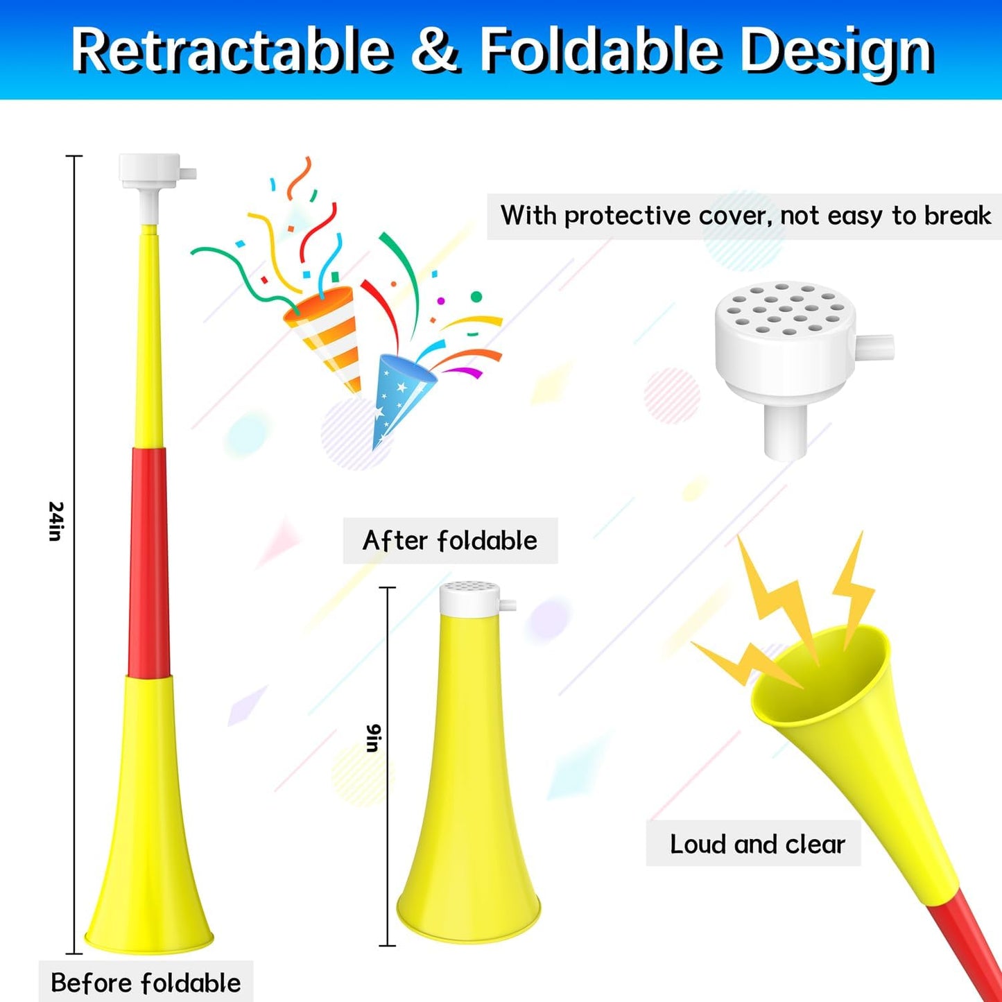 Collapsible Stadium Horn Noise Maker 24 Inch Vuvuzela Plastic Trumpet Horn Blow Horns Noisemakers for Sporting Events Graduation Games School Sports Party Supplies Favors Accessories