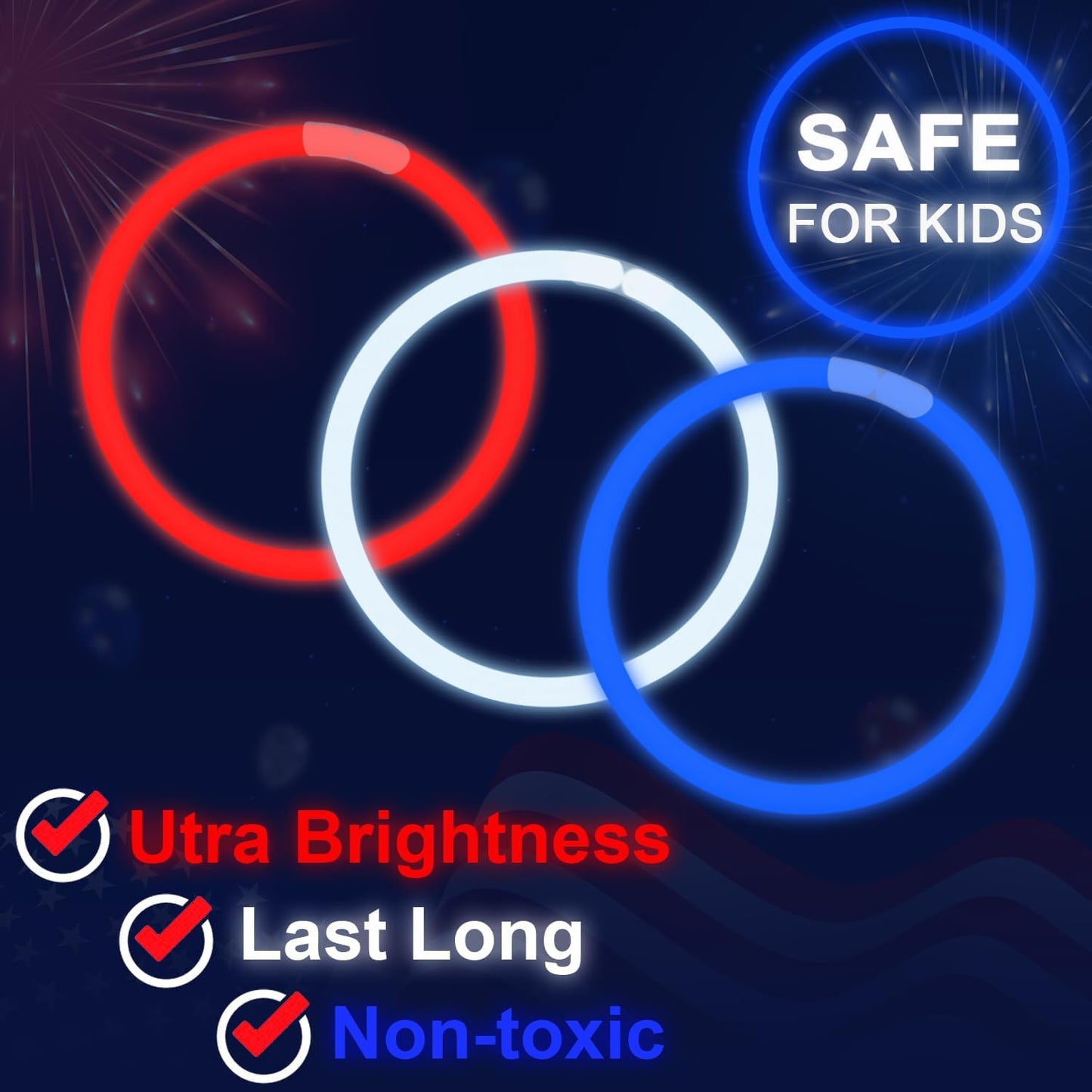 Bulk Patriotic Red White Blue glow sticks 300 PCS,Light up Bracelets Necklaces Accessories for Kids,Glow Party Favors Supplies Decorations for Independence Day, Fourth 4 of July Parade, Birthday, Pool