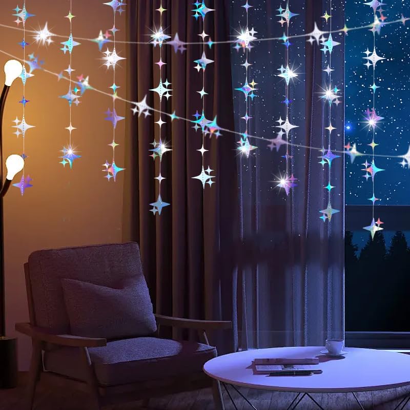 Glitter Gold Four-Angle Star Paper Garland Banner Décor 40 Feet Gold Twinkle Star Hanging Bunting Banner Backdrop for Wedding Baby Shower Birthday Graduation Disco Party Decorations