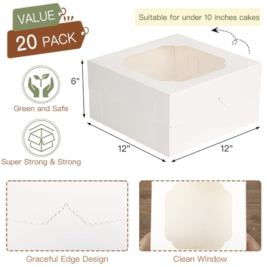 TOMNK 20pcs Cake Boxes, 12x12x6Inch White Bakery Boxes with Window, Disposable Cake Caddy Carrier Container for Valentine's Day, Mother's Day, Pie Pastries Cookies
