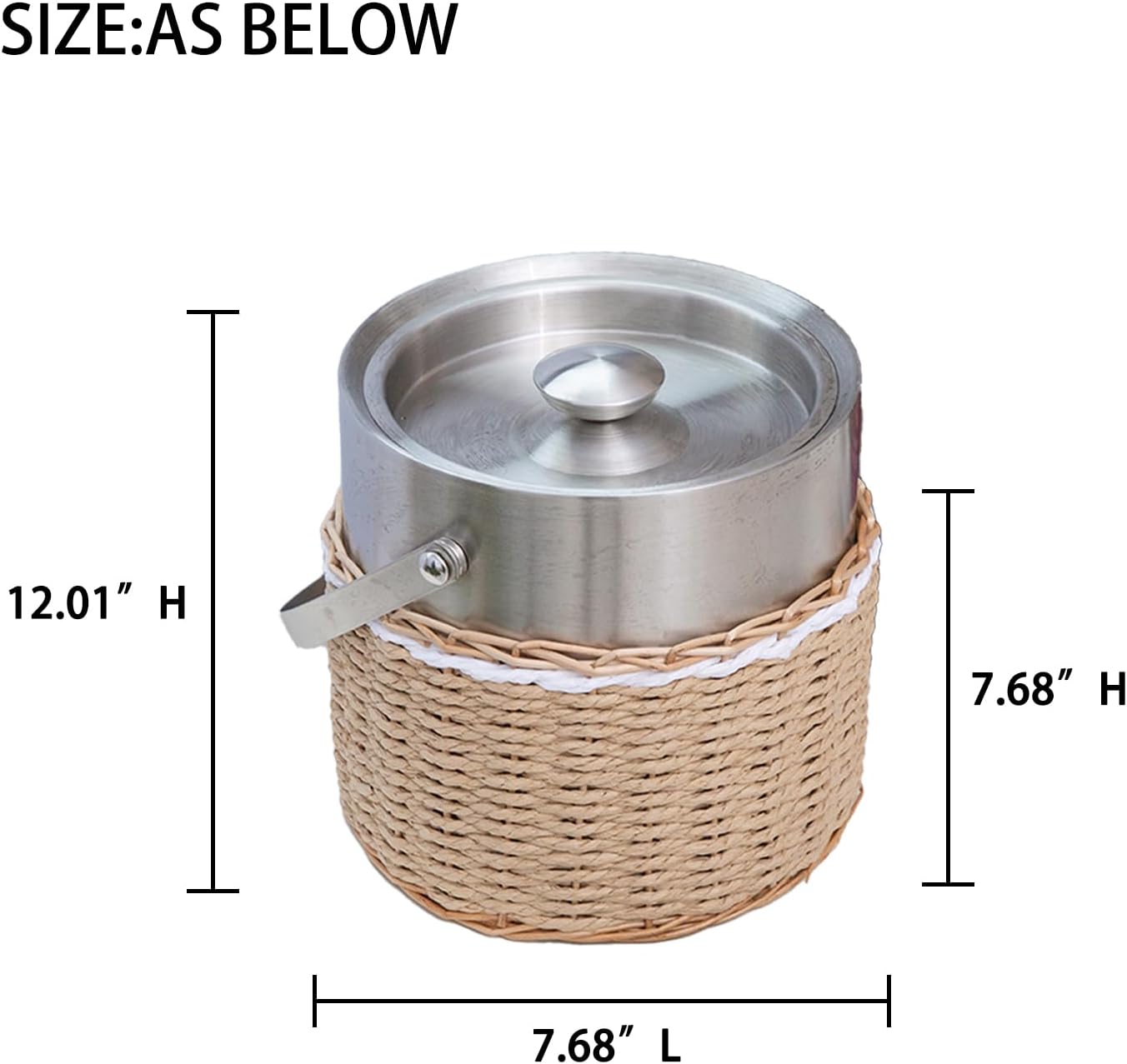 Handwoven 3L Stainless Steel Ice Bucket with Lid and Ice Tongs, Large Insulated Chilling Bucket Handcrafted Wicker Paper Rope for Party Wedding Home Bar Decor