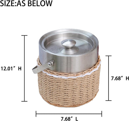 Handwoven 3L Stainless Steel Ice Bucket with Lid and Ice Tongs, Large Insulated Chilling Bucket Handcrafted Wicker Paper Rope for Party Wedding Home Bar Decor