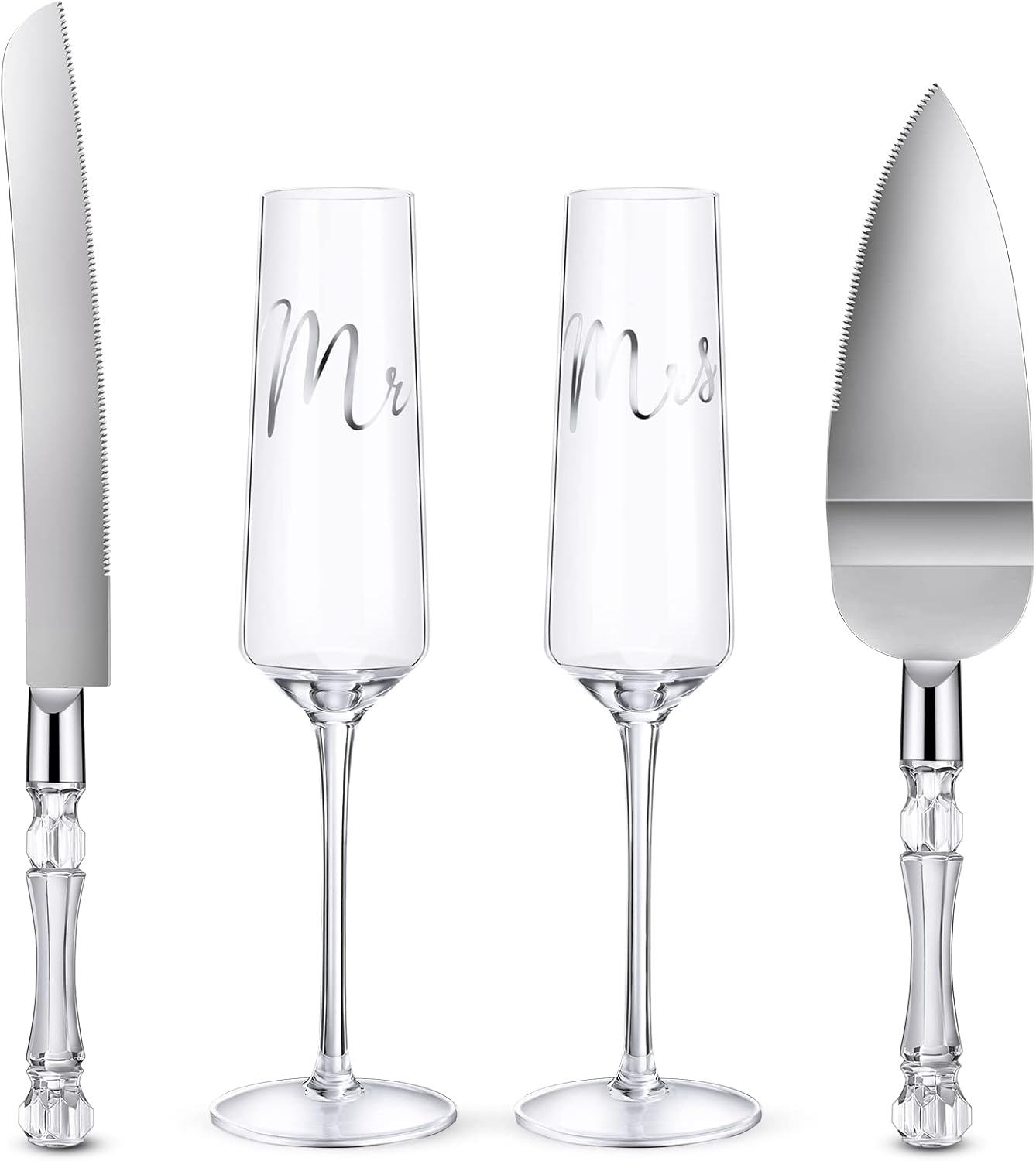 Boao 4 Pieces Wedding Toasting Flutes and Cake Server Set Wedding Reception Supplies Champagne Glasses Cake Knife Pie Server (Gold,Classic)